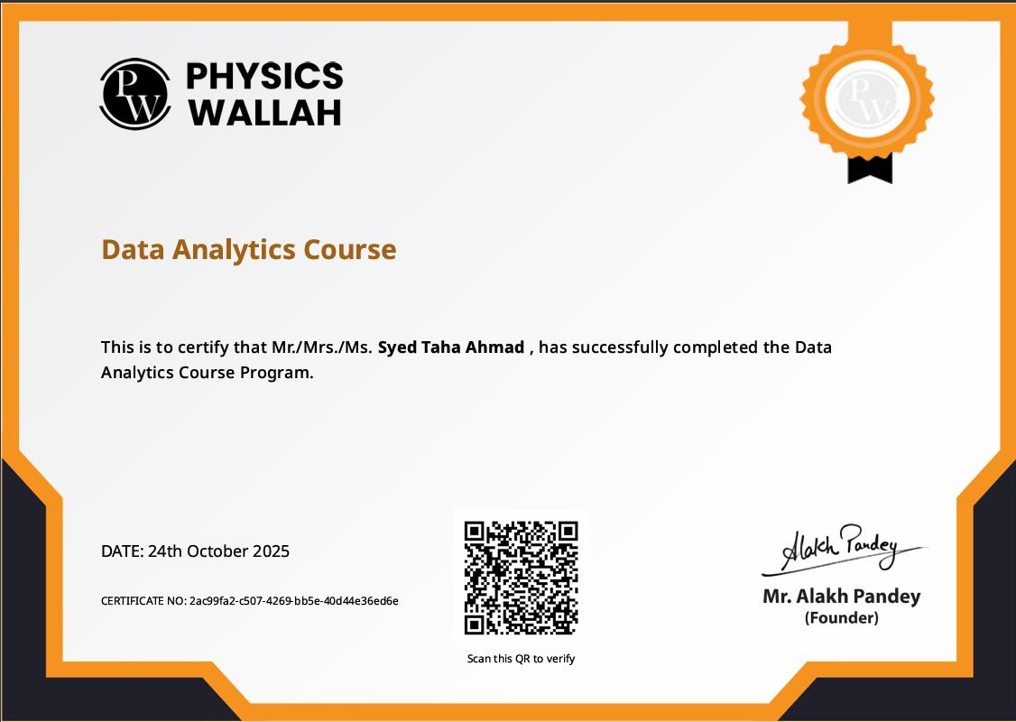 Physics Wallah Data Analytics Course Certificate