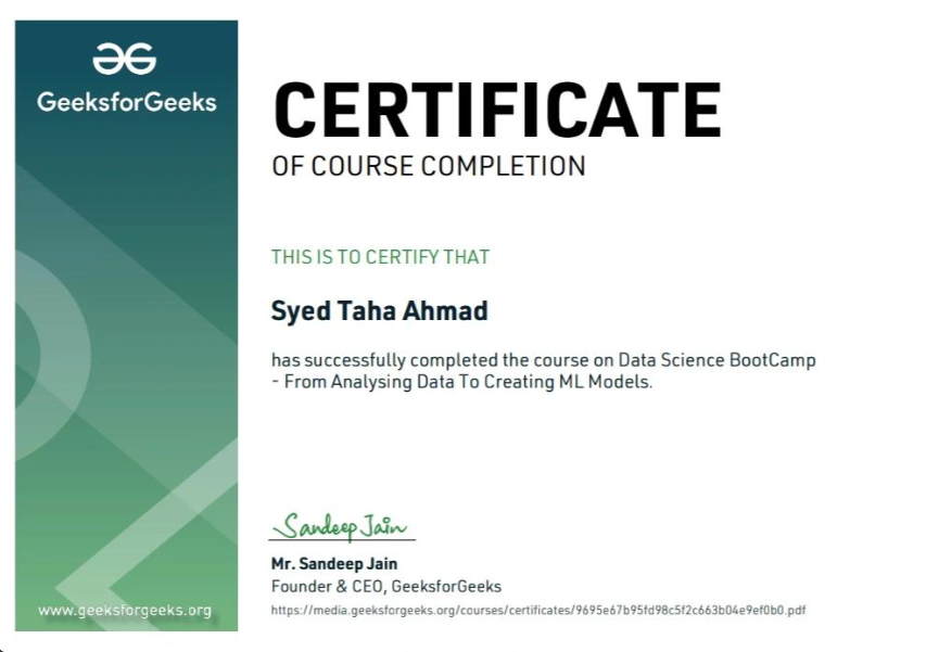 GeeksforGeeks Data Science BootCamp Certificate